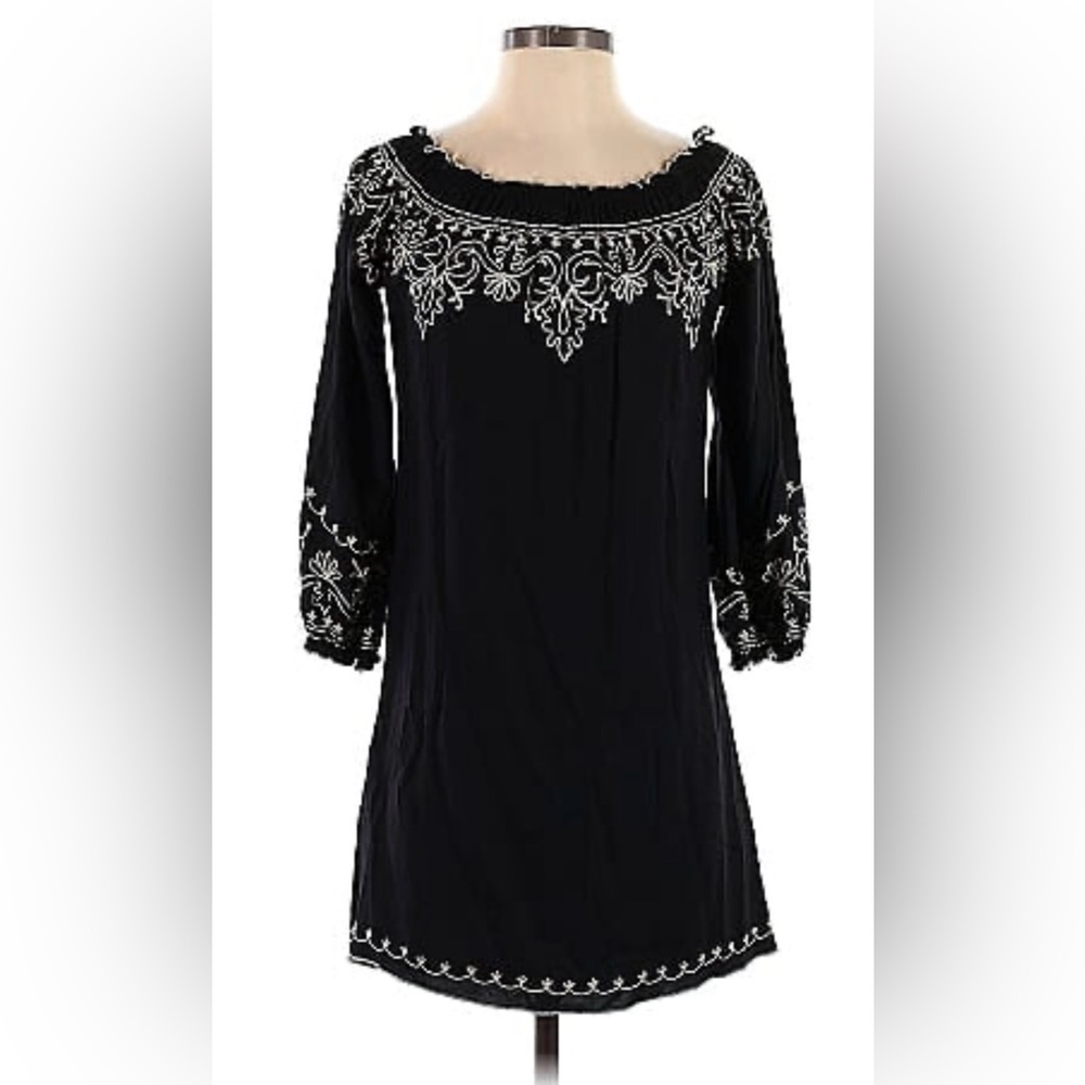 Lucky Brand Womens Size S On/Off Shoulder Black Embroidered 3/4 Sleeve Dress